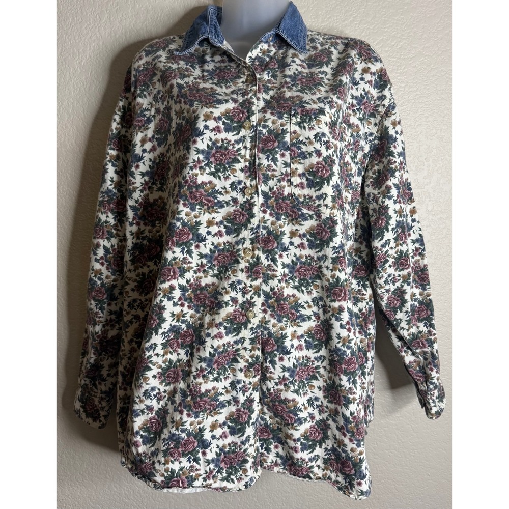 Westport Ltd Womens Medium Multicolor Floral Button Down Denim Shirt Cottagecore